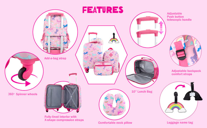 5-Piece Unisex Kid's Rolling Travel Luggage Set w/Neck Roll & Luggage Tag, Pink Bunnies
