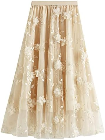 Women's Dressy Midi-Length Skirt, Chiffon Roses on Tulle Layered Elastic High Waist Skirt  (5 colors)
