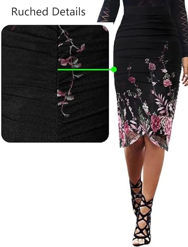 Women's Slip-On Pencil Skirt, Ruched Black & Pink Floral Print, Elastic Waist, Asymmetrical Tulip Split Hem