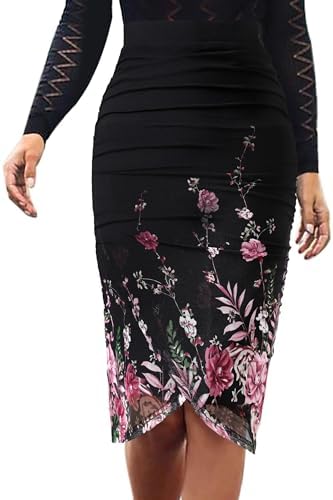 Women's Slip-On Pencil Skirt, Ruched Black & Pink Floral Print, Elastic Waist, Asymmetrical Tulip Split Hem
