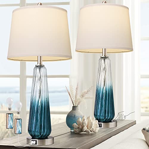 Modern Glass Tall Bedside or Table Lamps, Set of 2, 3-Way Dimmable w/2 USB Ports  (4 colors)