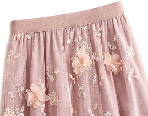 Women's Dressy Midi-Length Skirt, Chiffon Roses on Tulle Layered Elastic High Waist Skirt  (5 colors)