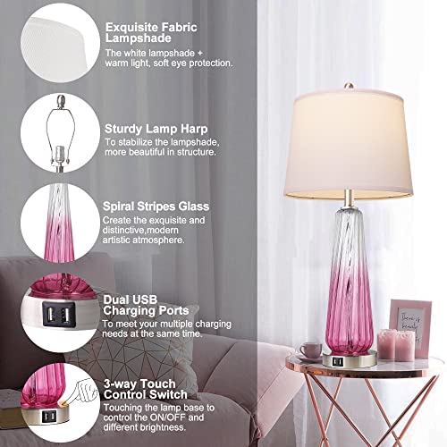 Modern Glass Tall Bedside or Table Lamps, Set of 2, 3-Way Dimmable w/2 USB Ports  (4 colors)