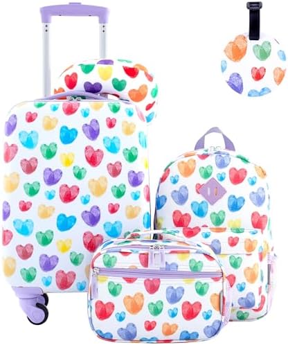 5-Piece Unisex Kid's Rolling Travel Luggage Set w/Neck Roll & Luggage Tag, Pink and Red Hearts