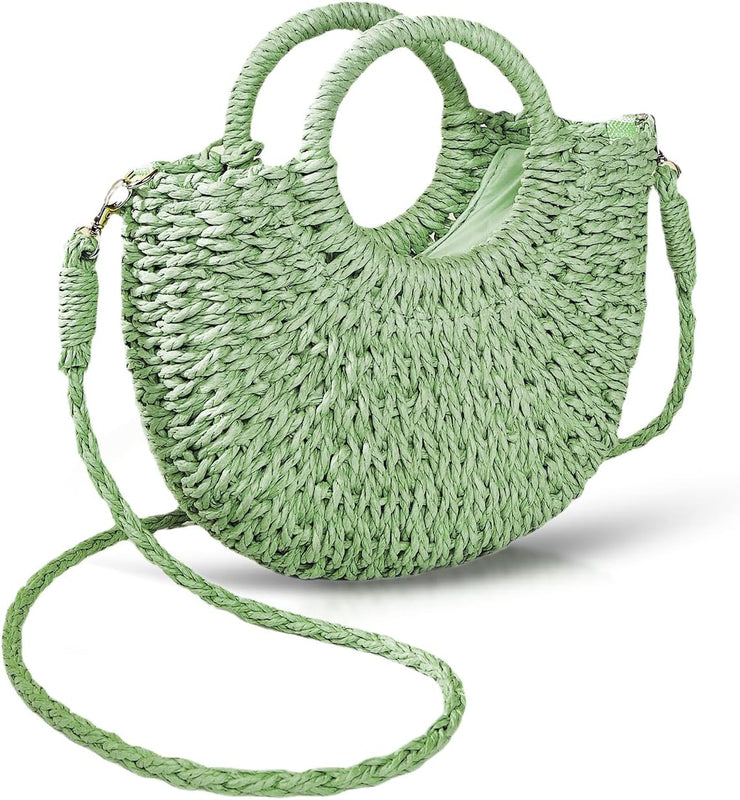 Handwoven Summer Tote Bag, Semi-Circle Rattan Straw Shoulder Crossbody Purse  (10 colors)