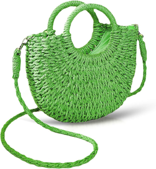 Handwoven Summer Tote Bag, Semi-Circle Rattan Straw Shoulder Crossbody Purse  (10 colors)