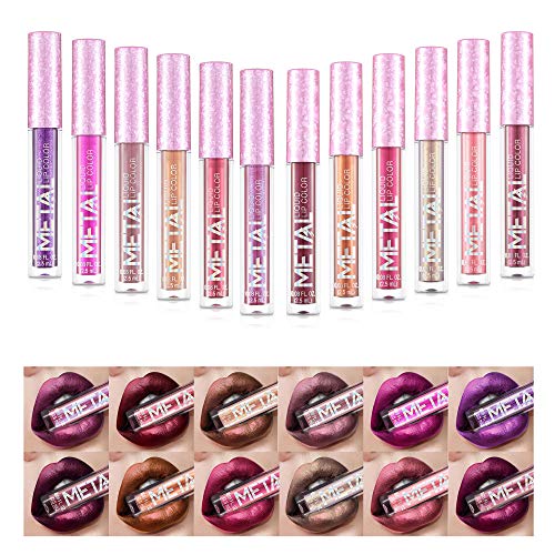 12 Intense Colors Lip Gloss Set, Long-Lasting Waterproof Metallic Shimmer Lipstick