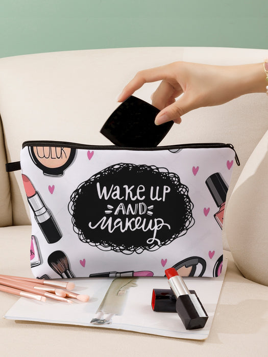 "Wake Up and Make Up" Letter Graphic Zippered Cosmetic Makeup Bag