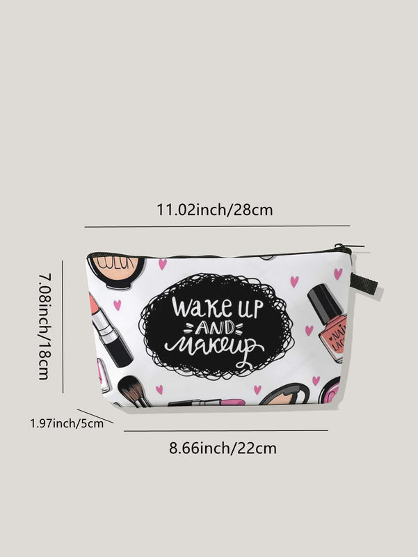 "Wake Up and Make Up" Letter Graphic Zippered Cosmetic Makeup Bag