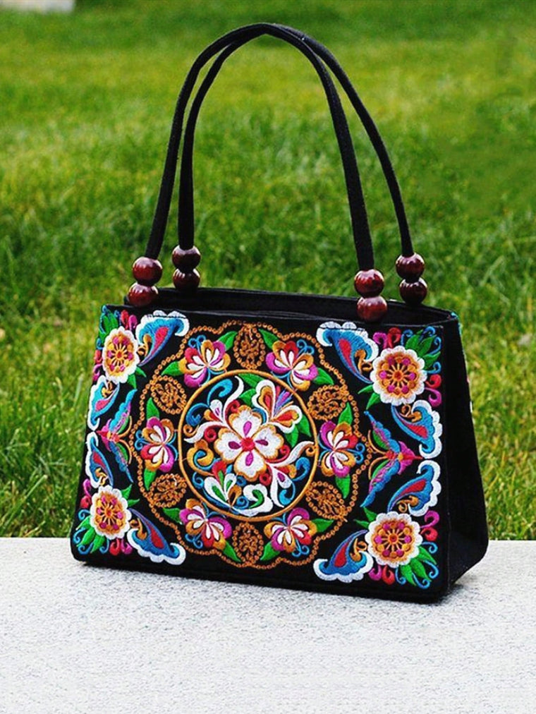 Stylish Floral Embroidered Canvas Clutch Handbag w/Handles  (2 styles)