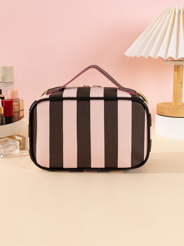 Waterproof Makeup Cosmetics Bag, Black & Pink Striped, Large & Portable
