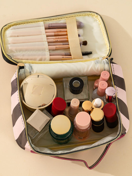 Waterproof Makeup Cosmetics Bag, Black & Pink Striped, Large & Portable