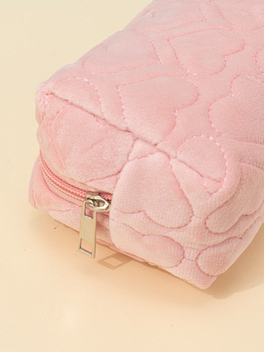 1pc Heart Pattern Quilted Fuzzy Square Makeup Bag - Pink and Caboodle