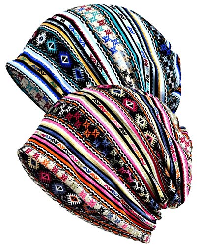 2-Pack Unisex Slouchy Knit Beanie Chemo Hat or Winter Cap - Geometrics & Stripes