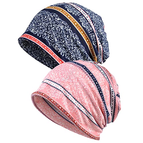 2-Pack Unisex Slouchy Knit Beanie Chemo Hat or Winter Cap - Pink & Gray
