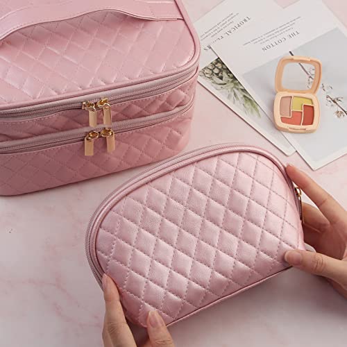 2 Pcs Cosmetics Toiletry Bag Set, Double Layer Portable Makeup Bag (5 colors) - Pink and Caboodle