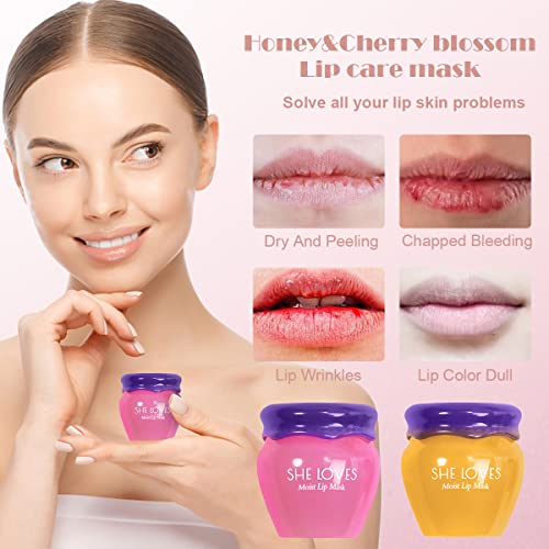 2PCS Lip Mask Overnight, Honey&Sakura Day and Night Repair Lip Sleeping Masks Honey Lip Balm, Fade Lip Lines Bee Balm Lip Balm, Hydrating &Prevention Dry and Crack Lip Scrubs Exfoliator - Pink and Caboodle