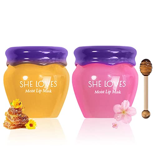 2PCS Lip Mask Overnight, Honey&Sakura Day and Night Repair Lip Sleeping Masks Honey Lip Balm, Fade Lip Lines Bee Balm Lip Balm, Hydrating &Prevention Dry and Crack Lip Scrubs Exfoliator - Pink and Caboodle