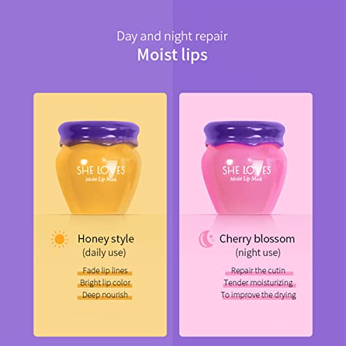 2PCS Lip Mask Overnight, Honey&Sakura Day and Night Repair Lip Sleeping Masks Honey Lip Balm, Fade Lip Lines Bee Balm Lip Balm, Hydrating &Prevention Dry and Crack Lip Scrubs Exfoliator - Pink and Caboodle