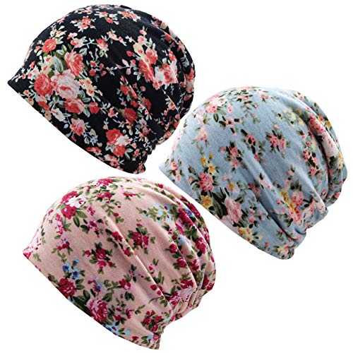 3-Pack Women's Slouchy Knit Beanie Chemo Hat or Winter Cap - Pink Florals