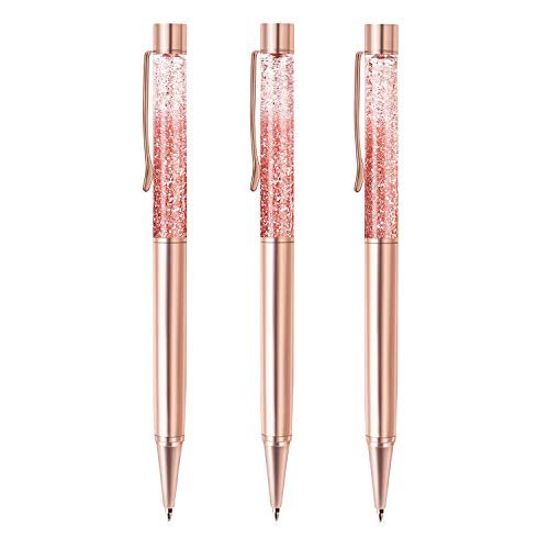 3-Pk Rose Gold Glitter Bling Ballpoint Metal Pens, Dynamic Liquid Sand Pen with Refills