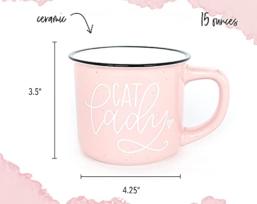 Oversized Light Pink & Black Stoneware Cat Lady Coffee Mug, 15oz