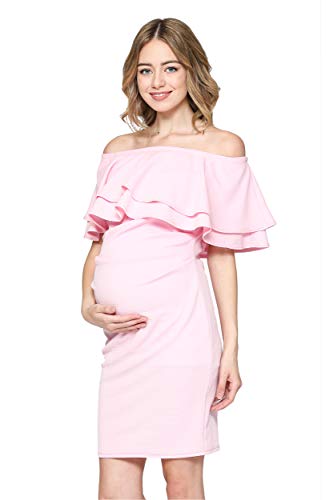 LaClef Women's Off Shoulder Maternity Dress with Double Ruffle (Pink, Medium)