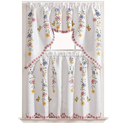 3pcs Kitchen Cafe Curtain Set, Flowers & Butterflies