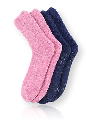 Unisex Non-Skid Fuzzy Slipper Hospital Socks, 2Pk, Pink and Navy