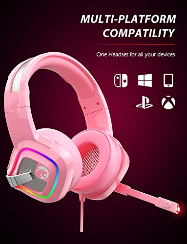 ZIUMIER Z66 Pink Gaming Headset for PS4, Xbox One, PC, Wired Over-Ear Headphone with Noise Isolation Microphone, LED RGB Light,Surround Sound