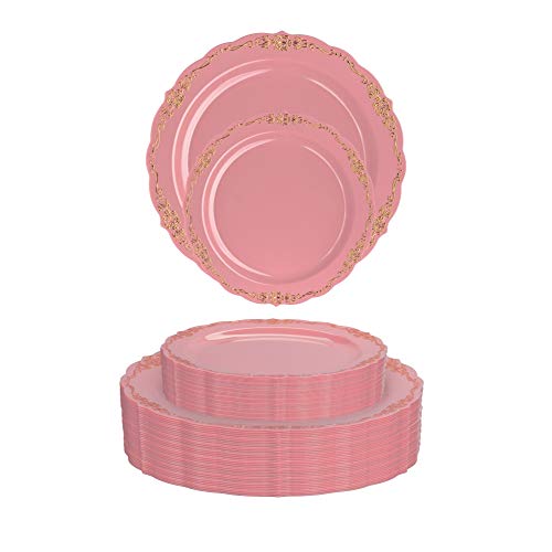 60-Pcs Pink & Gold Premium Disposable Plastic Plates for Parties & Weddings