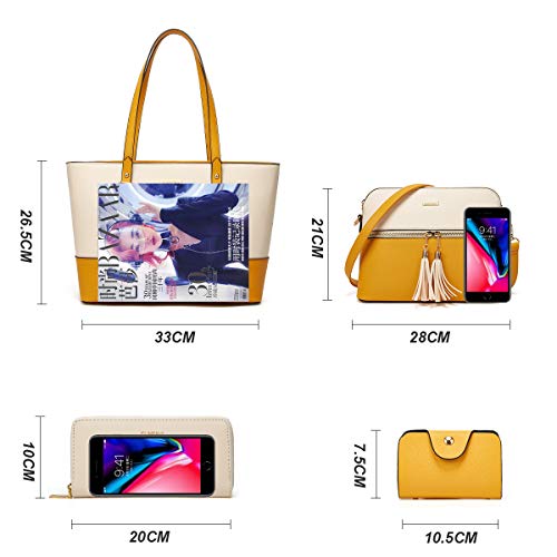 Women's Two-Tone Yellow & Beige 4-Piece Tote Bag, Shoulder Handbag, Clutch Wallet & Card Holder Set  (9 colors)