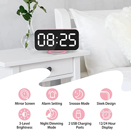 Digital Alarm Clock,Lamisola Large LED Mirror Display,2 USB Charging Ports,Auto Adjustable Brightness,Aesthetic Modern Clocks for Bedroom Office, Pink