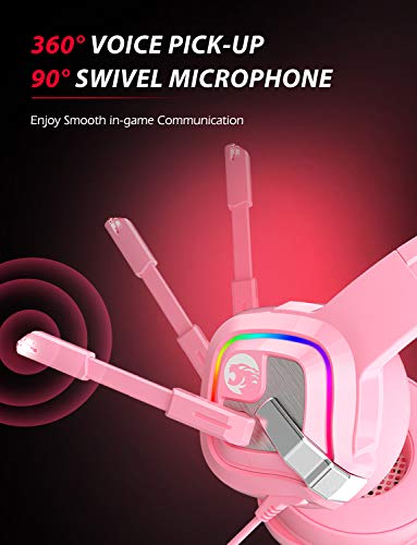 ZIUMIER Z66 Pink Gaming Headset for PS4, Xbox One, PC, Wired Over-Ear Headphone with Noise Isolation Microphone, LED RGB Light,Surround Sound