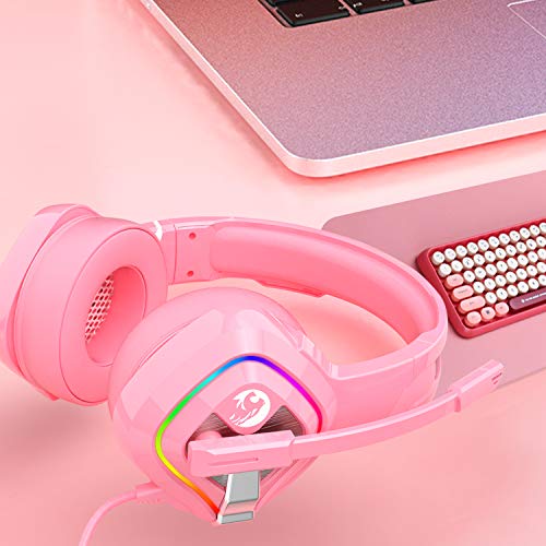 ZIUMIER Z66 Pink Gaming Headset for PS4, Xbox One, PC, Wired Over-Ear Headphone with Noise Isolation Microphone, LED RGB Light,Surround Sound
