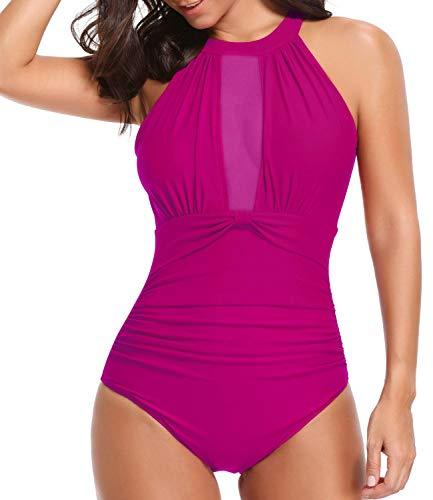 Women's Rose Red One Piece Plunge V-Neck Mesh Ruche Swimsuit - Pink and Caboodle