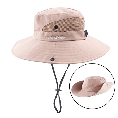 Women's Wide Brim Floppy Summer Sun Hat w/Ponytail Hole, Pink
