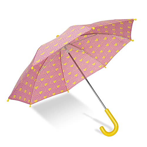 Kids Pink & Yellow Hearts Umbrella, 33 Inches, Compact, Pinch-Proof, Easy Grip Handle