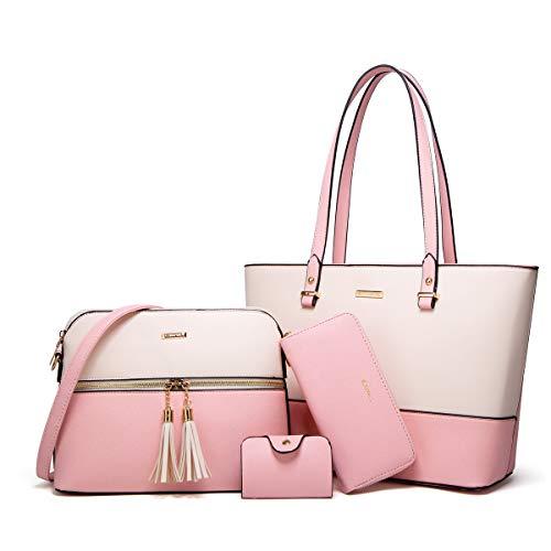 Women's Two-Tone Pink & Beige 4-Piece Tote Bag, Shoulder Handbag, Clutch Wallet & Card Holder Set  (9 colors)