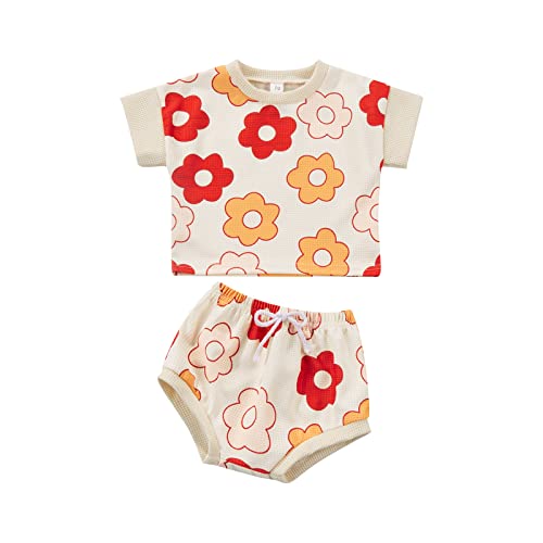 Unisex Girl's or Boy's Summer Print Short Sleeve T-Shirt & Elastic Waist Shorts Set