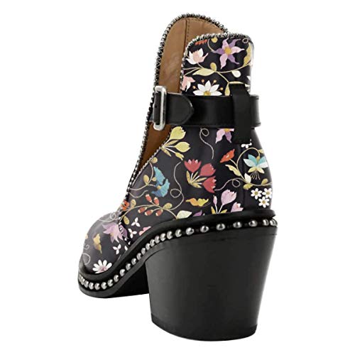 Women's Cartoon Flower Studded Leather Chunky Heel Ankle Boots w/Buckle, Sizes 4 to 15