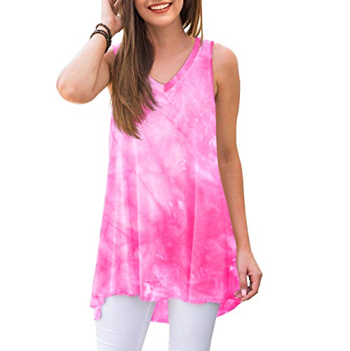 Women's Rose & Red Tie-Dyed Summer Sleeveless V-Neck T-Shirt Tunic Top, Sizes to 4XL