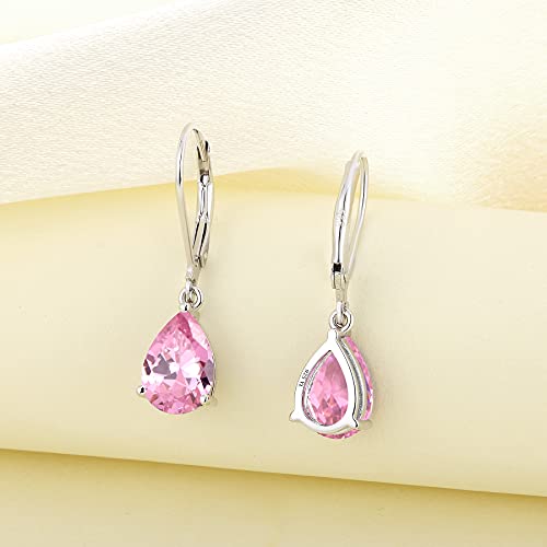 YL Dangle Drop Earrings Sterling Silver Solitaire Leverback Earrings Teardrop Pink Tourmaline Jewelry Gifts for Moms