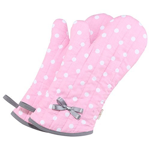 Kitchen Oven Mitts, Heat Resistant Cotton, Set of 2, Pink Polka Dots
