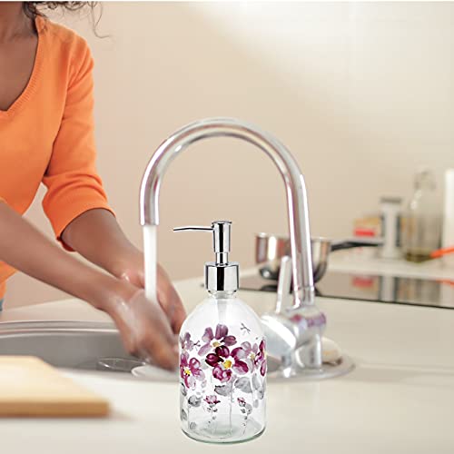 Purple Flower Glass Soap Dispenser Bottle with Plastic Pump, 17oz