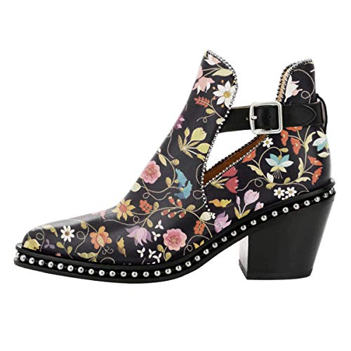 Women's Cartoon Flower Studded Leather Chunky Heel Ankle Boots w/Buckle, Sizes 4 to 15