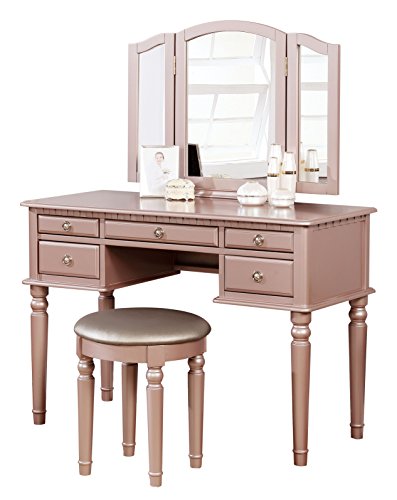 Tri-Fold Mirror Vanity Desk Set w/Upholstered Stool  (4 colors)