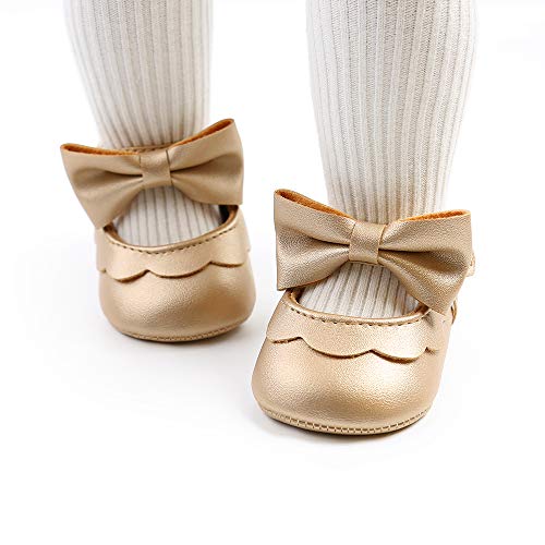 LAFEGEN Baby Girls Mary Jane Flats with Bownot Non Slip Soft Sole PU Leather Newborn Infant Toddler First Walker Cirb Dress Shoes, 6-12 Months Infant, 07 Gold