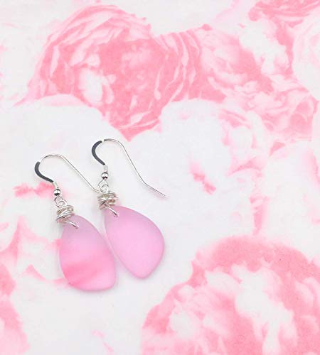 Charming Sweet Heart Pink Blush Sea Glass Earrings with Handmade Silver Knot on Sterling Silver Hooks