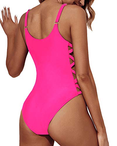 Women's Hot Pink One Piece Swimsuit w/Slimming V Neck Strap Crisscross Lace Up, Hot Pink